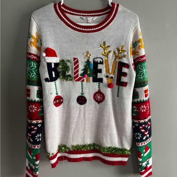 No Boundaries Sweaters - No Boundaries Festive White Sweater with Red and Green Accents